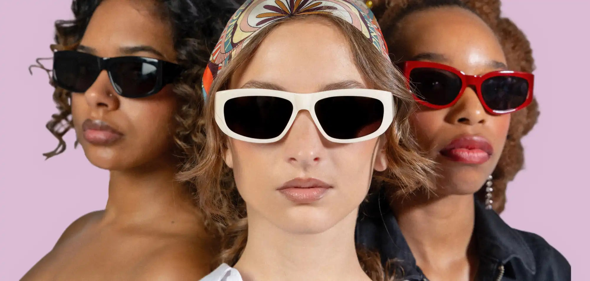 Trois femmes portant différents styles de lunettes de soleil.
